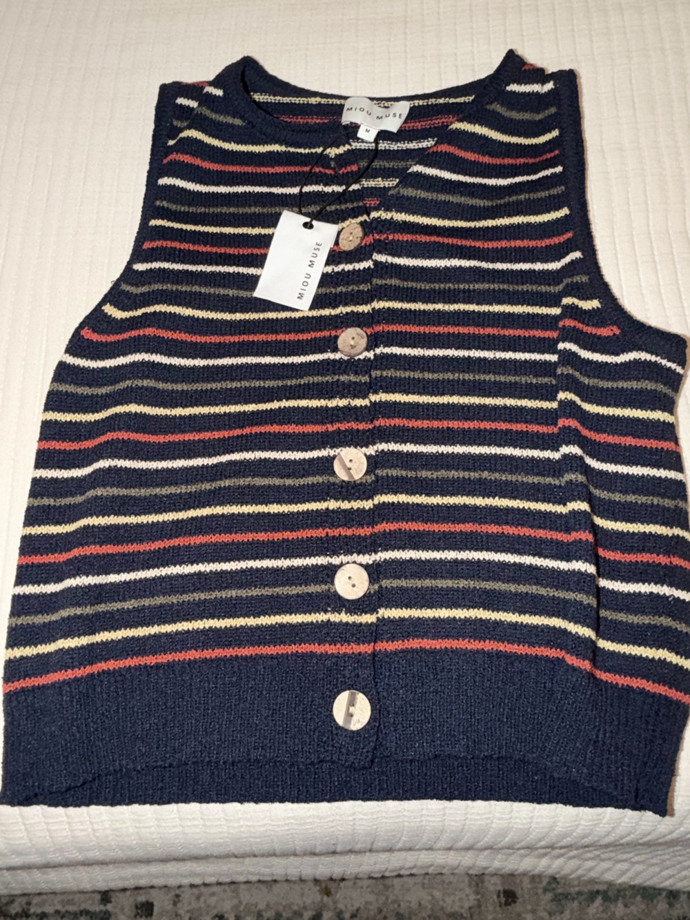 Miou Muse Navy Striped V-Neck Button Sweater Vest
